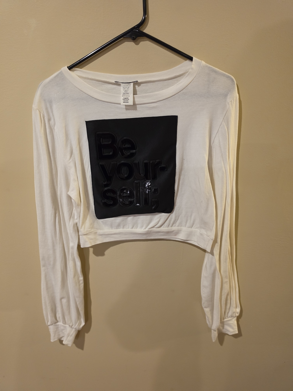 White Cropped Long-Sleeve Top with Black 'Be Yourself' Graphic
